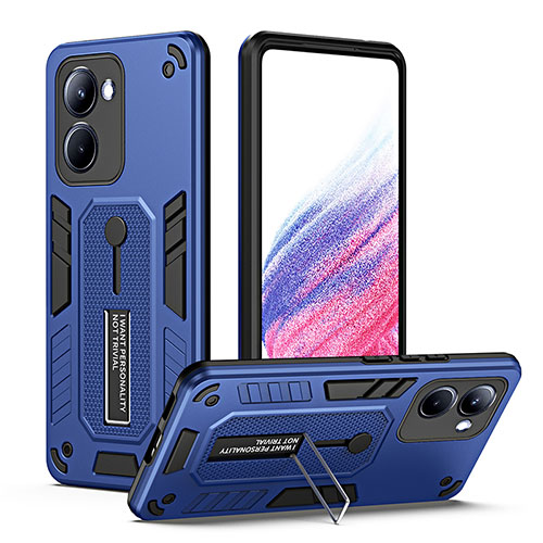 Silicone Matte Finish and Plastic Back Cover Case with Stand H01P for Realme 10 Pro 5G Blue