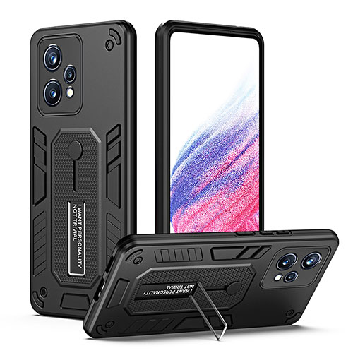 Silicone Matte Finish and Plastic Back Cover Case with Stand H01P for Realme 9 5G Black