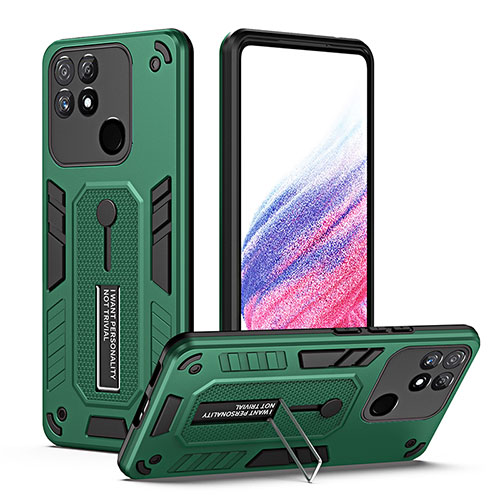 Silicone Matte Finish and Plastic Back Cover Case with Stand H01P for Realme Narzo 50A Green