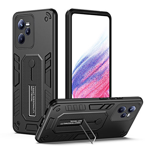 Silicone Matte Finish and Plastic Back Cover Case with Stand H01P for Realme Narzo 50A Prime Black