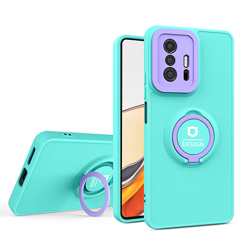 Silicone Matte Finish and Plastic Back Cover Case with Stand H01P for Xiaomi Mi 11T Pro 5G Cyan