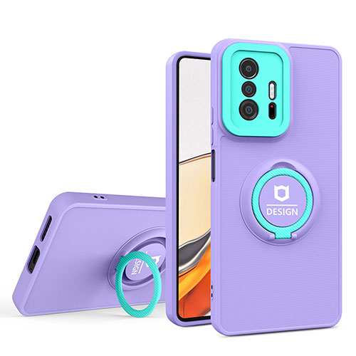 Silicone Matte Finish and Plastic Back Cover Case with Stand H01P for Xiaomi Mi 11T Pro 5G Purple