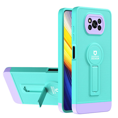 Silicone Matte Finish and Plastic Back Cover Case with Stand H01P for Xiaomi Poco X3 NFC Cyan