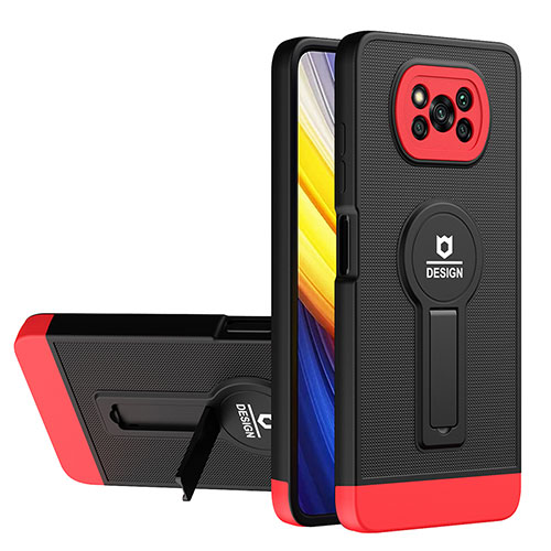 Silicone Matte Finish and Plastic Back Cover Case with Stand H01P for Xiaomi Poco X3 Red and Black