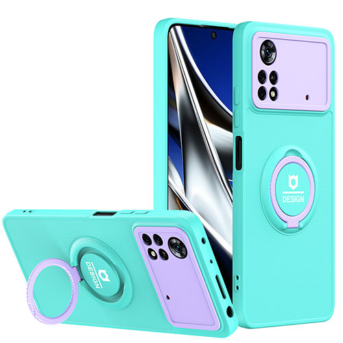 Silicone Matte Finish and Plastic Back Cover Case with Stand H01P for Xiaomi Poco X4 Pro 5G Cyan
