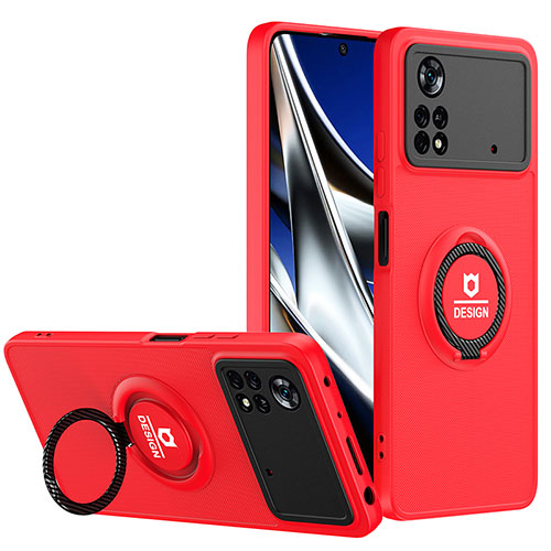 Silicone Matte Finish and Plastic Back Cover Case with Stand H01P for Xiaomi Poco X4 Pro 5G Red and Black