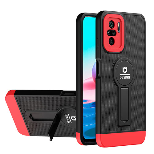 Silicone Matte Finish and Plastic Back Cover Case with Stand H01P for Xiaomi Redmi Note 10 4G Red and Black