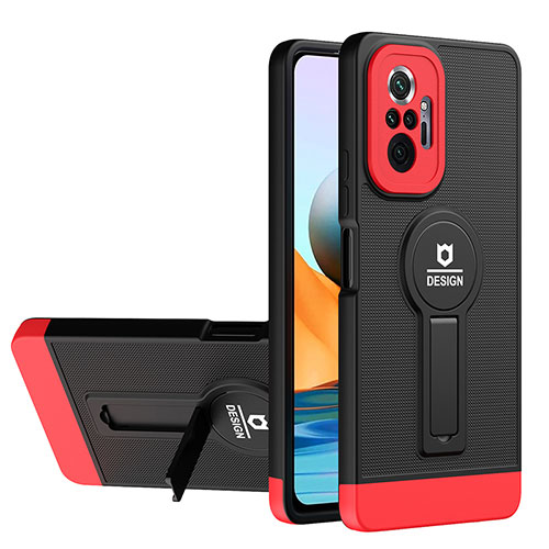 Silicone Matte Finish and Plastic Back Cover Case with Stand H01P for Xiaomi Redmi Note 10 Pro 4G Red and Black