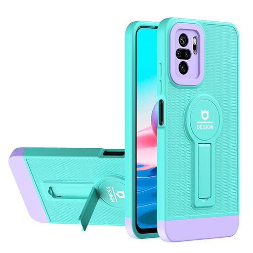 Silicone Matte Finish and Plastic Back Cover Case with Stand H01P for Xiaomi Redmi Note 10S 4G Cyan