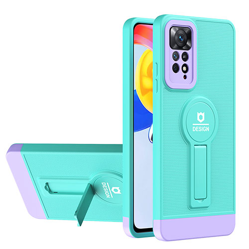 Silicone Matte Finish and Plastic Back Cover Case with Stand H01P for Xiaomi Redmi Note 11 4G (2022) Cyan