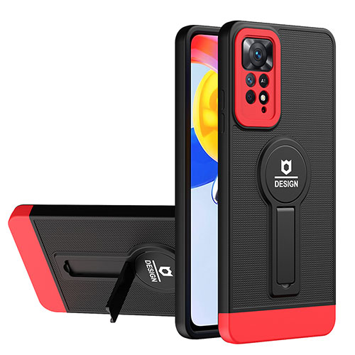 Silicone Matte Finish and Plastic Back Cover Case with Stand H01P for Xiaomi Redmi Note 11 4G (2022) Red and Black