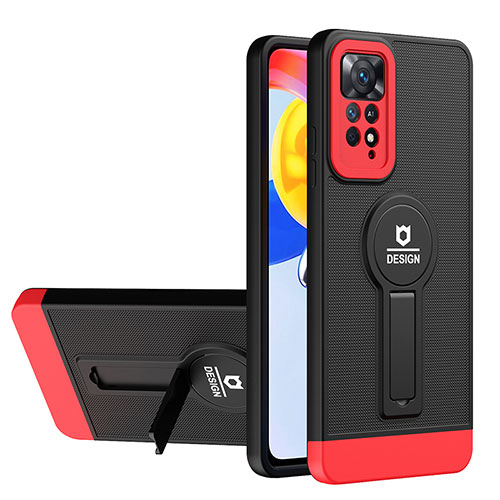 Silicone Matte Finish and Plastic Back Cover Case with Stand H01P for Xiaomi Redmi Note 11 Pro 5G Red and Black