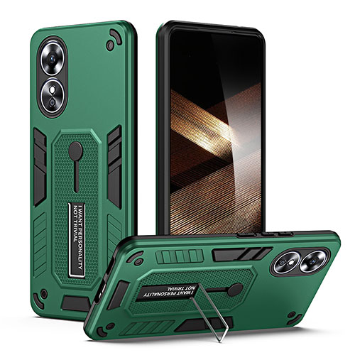 Silicone Matte Finish and Plastic Back Cover Case with Stand H02P for Oppo A17 Green