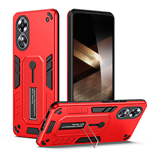 Silicone Matte Finish and Plastic Back Cover Case with Stand H02P for Oppo A17 Red