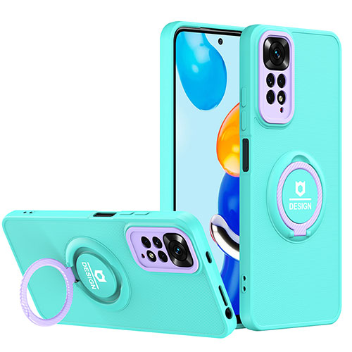 Silicone Matte Finish and Plastic Back Cover Case with Stand H02P for Xiaomi Redmi Note 11 4G (2022) Cyan