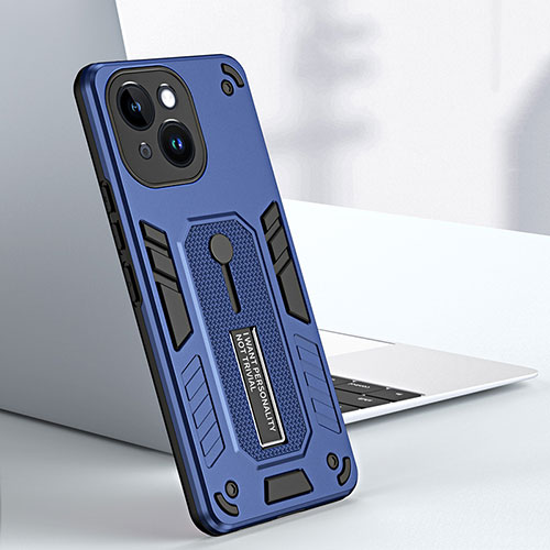 Silicone Matte Finish and Plastic Back Cover Case with Stand H02X for Apple iPhone 14 Plus Blue