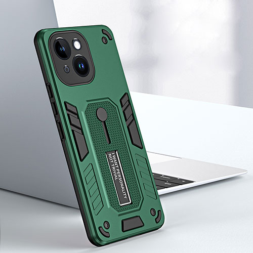 Silicone Matte Finish and Plastic Back Cover Case with Stand H02X for Apple iPhone 15 Plus Green