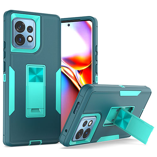 Silicone Matte Finish and Plastic Back Cover Case with Stand J01S for Motorola Moto Edge 40 Pro 5G Cyan