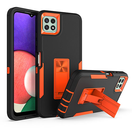 Silicone Matte Finish and Plastic Back Cover Case with Stand J01S for Samsung Galaxy A22 5G Orange