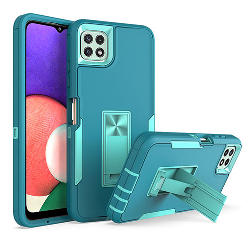 Silicone Matte Finish and Plastic Back Cover Case with Stand J01S for Samsung Galaxy A22s 5G Cyan