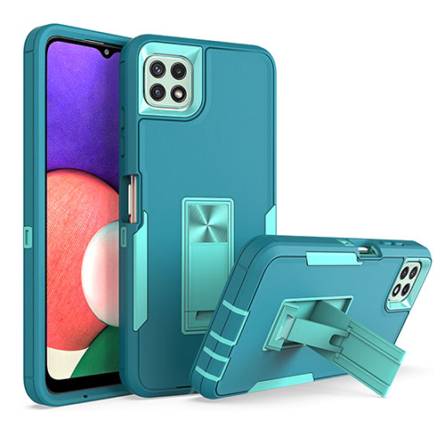 Silicone Matte Finish and Plastic Back Cover Case with Stand J01S for Samsung Galaxy F42 5G Cyan