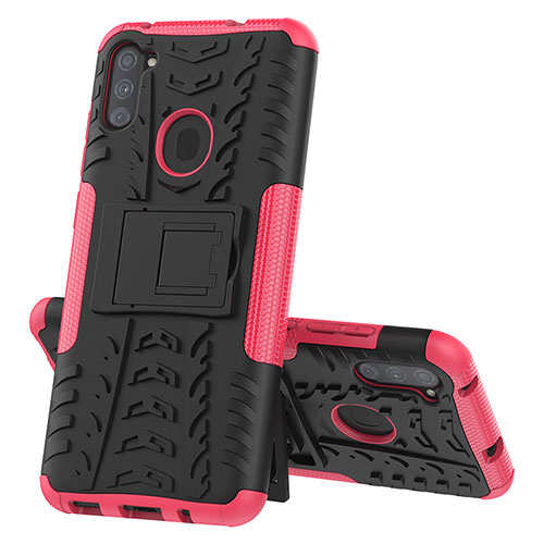 Silicone Matte Finish and Plastic Back Cover Case with Stand J01X for Samsung Galaxy A11 Hot Pink