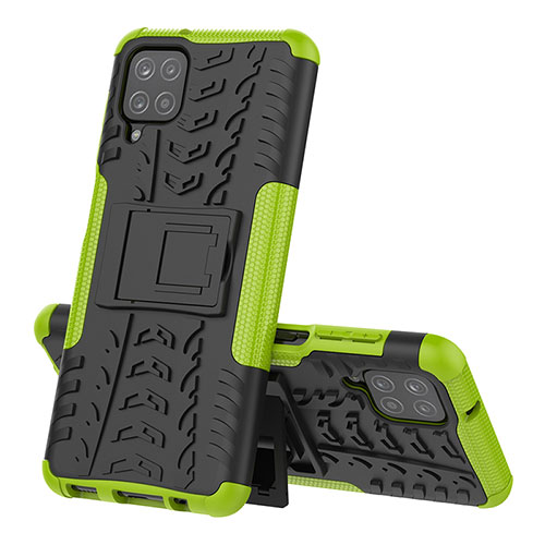Silicone Matte Finish and Plastic Back Cover Case with Stand J01X for Samsung Galaxy A12 Green