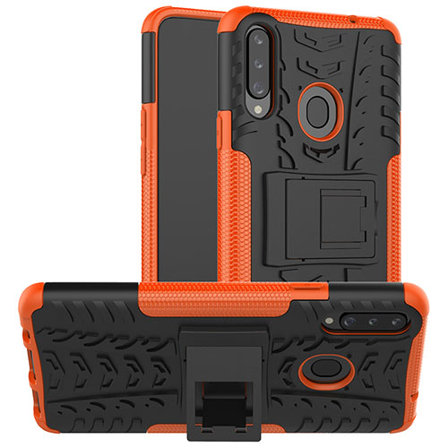 Silicone Matte Finish and Plastic Back Cover Case with Stand J01X for Samsung Galaxy A20s Orange