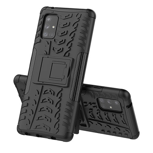 Silicone Matte Finish and Plastic Back Cover Case with Stand J01X for Samsung Galaxy A71 4G A715 Black