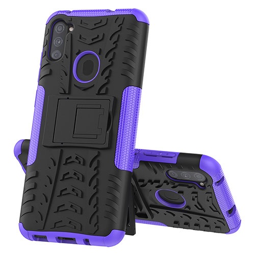 Silicone Matte Finish and Plastic Back Cover Case with Stand J01X for Samsung Galaxy M11 Purple