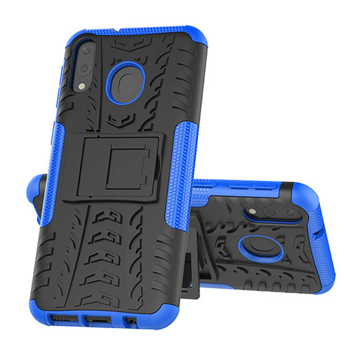 Silicone Matte Finish and Plastic Back Cover Case with Stand J01X for Samsung Galaxy M20 Blue