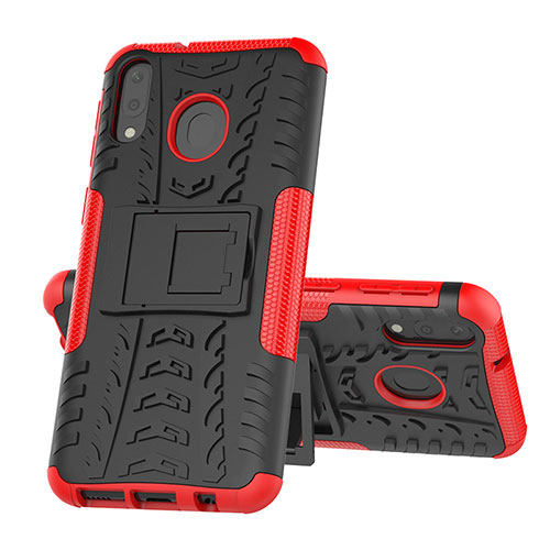 Silicone Matte Finish and Plastic Back Cover Case with Stand J01X for Samsung Galaxy M20 Red