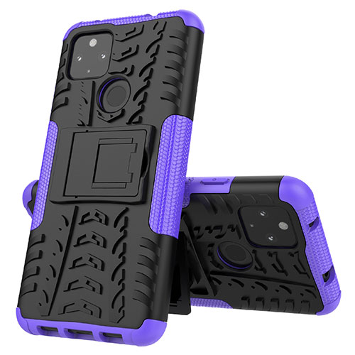 Silicone Matte Finish and Plastic Back Cover Case with Stand JX1 for Google Pixel 4a 5G Purple