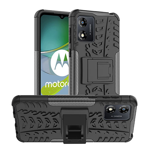 Silicone Matte Finish and Plastic Back Cover Case with Stand JX1 for Motorola Moto E13 Black