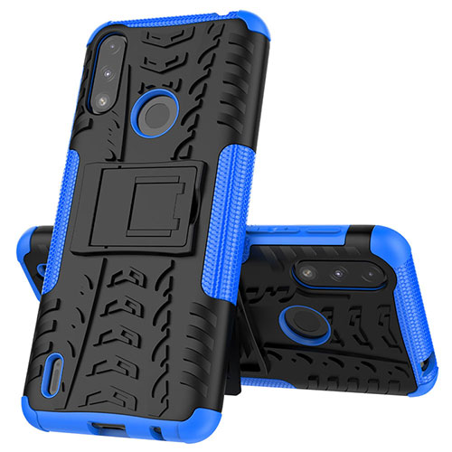 Silicone Matte Finish and Plastic Back Cover Case with Stand JX1 for Motorola Moto E7 Power Blue