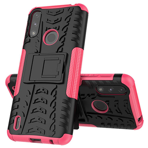 Silicone Matte Finish and Plastic Back Cover Case with Stand JX1 for Motorola Moto E7 Power Hot Pink