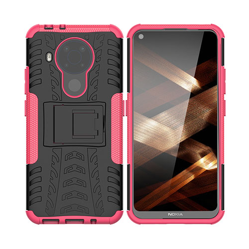 Silicone Matte Finish and Plastic Back Cover Case with Stand JX1 for Nokia 5.4 Hot Pink
