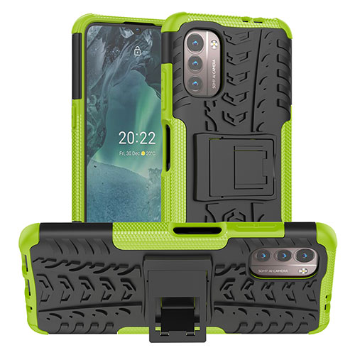 Silicone Matte Finish and Plastic Back Cover Case with Stand JX1 for Nokia G11 Green