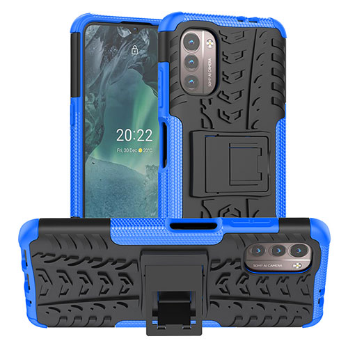 Silicone Matte Finish and Plastic Back Cover Case with Stand JX1 for Nokia G21 Blue