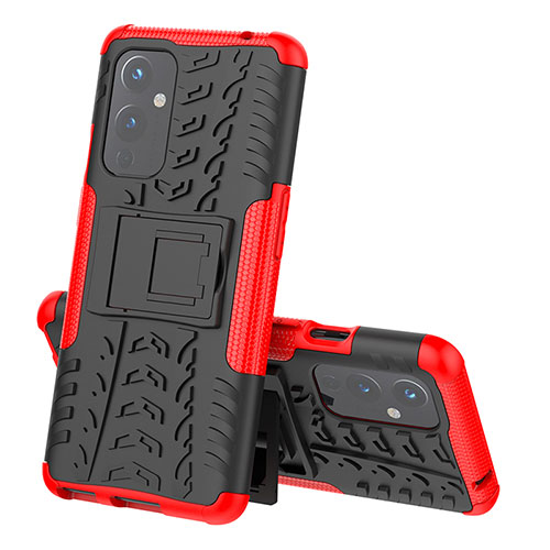 Silicone Matte Finish and Plastic Back Cover Case with Stand JX1 for OnePlus 9 5G Red