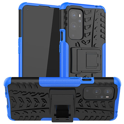 Silicone Matte Finish and Plastic Back Cover Case with Stand JX1 for OnePlus 9 Pro 5G Blue