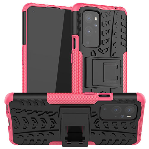 Silicone Matte Finish and Plastic Back Cover Case with Stand JX1 for OnePlus 9 Pro 5G Hot Pink