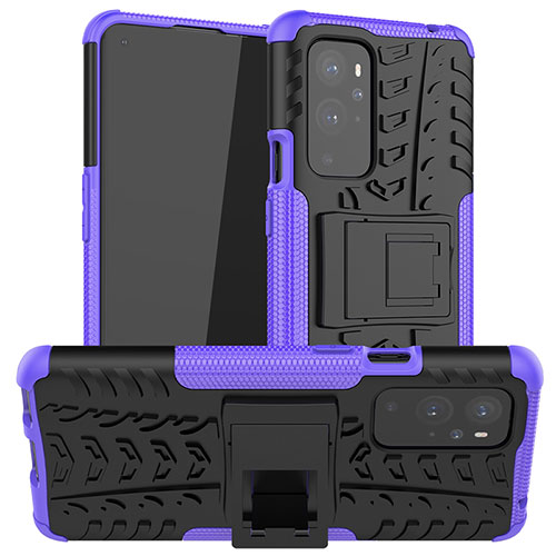 Silicone Matte Finish and Plastic Back Cover Case with Stand JX1 for OnePlus 9 Pro 5G Purple