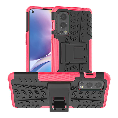 Silicone Matte Finish and Plastic Back Cover Case with Stand JX1 for OnePlus Nord 2 5G Hot Pink