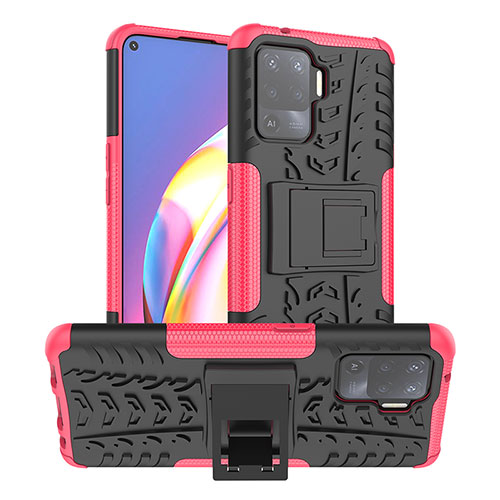 Silicone Matte Finish and Plastic Back Cover Case with Stand JX1 for Oppo F19 Pro Hot Pink