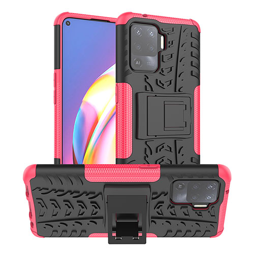 Silicone Matte Finish and Plastic Back Cover Case with Stand JX1 for Oppo Reno5 F Hot Pink