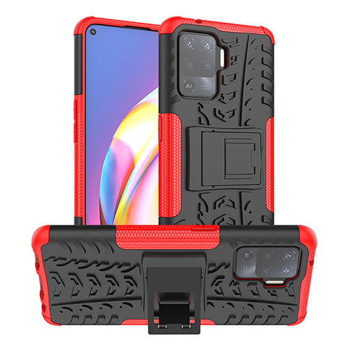 Silicone Matte Finish and Plastic Back Cover Case with Stand JX1 for Oppo Reno5 F Red