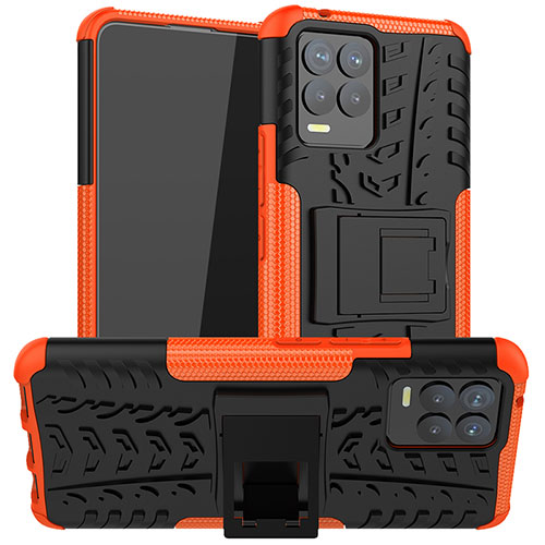 Silicone Matte Finish and Plastic Back Cover Case with Stand JX1 for Realme 8 4G Orange