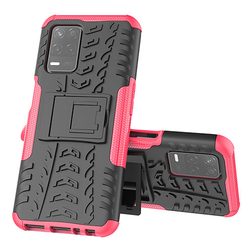 Silicone Matte Finish and Plastic Back Cover Case with Stand JX1 for Realme 9 5G India Hot Pink