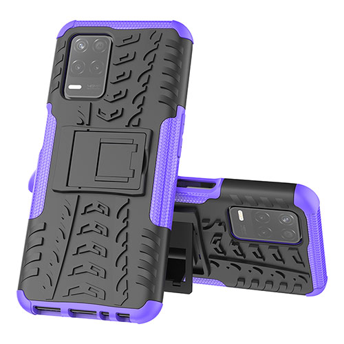 Silicone Matte Finish and Plastic Back Cover Case with Stand JX1 for Realme 9 5G India Purple